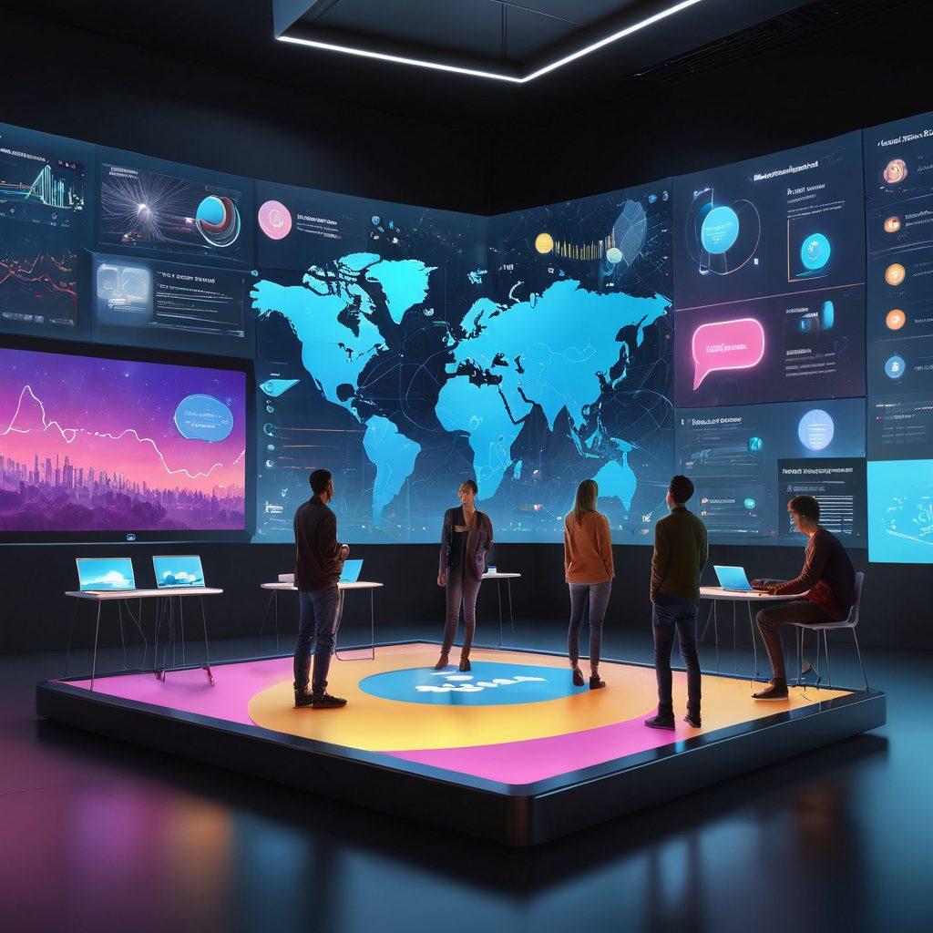 A futuristic digital landscape featuring a vibrant streaming platform interface, with diverse people engaging passionately with videos on various devices. Include elements of data analytics and social interaction depicted through bright, interactive graphs and chat bubbles. The environment is lively, filled with colorful icons representing video shares, likes, and comments. The background transitions from dark to light, symbolizing the unlocking of potential. super-realistic. vibrant colors. 3D.