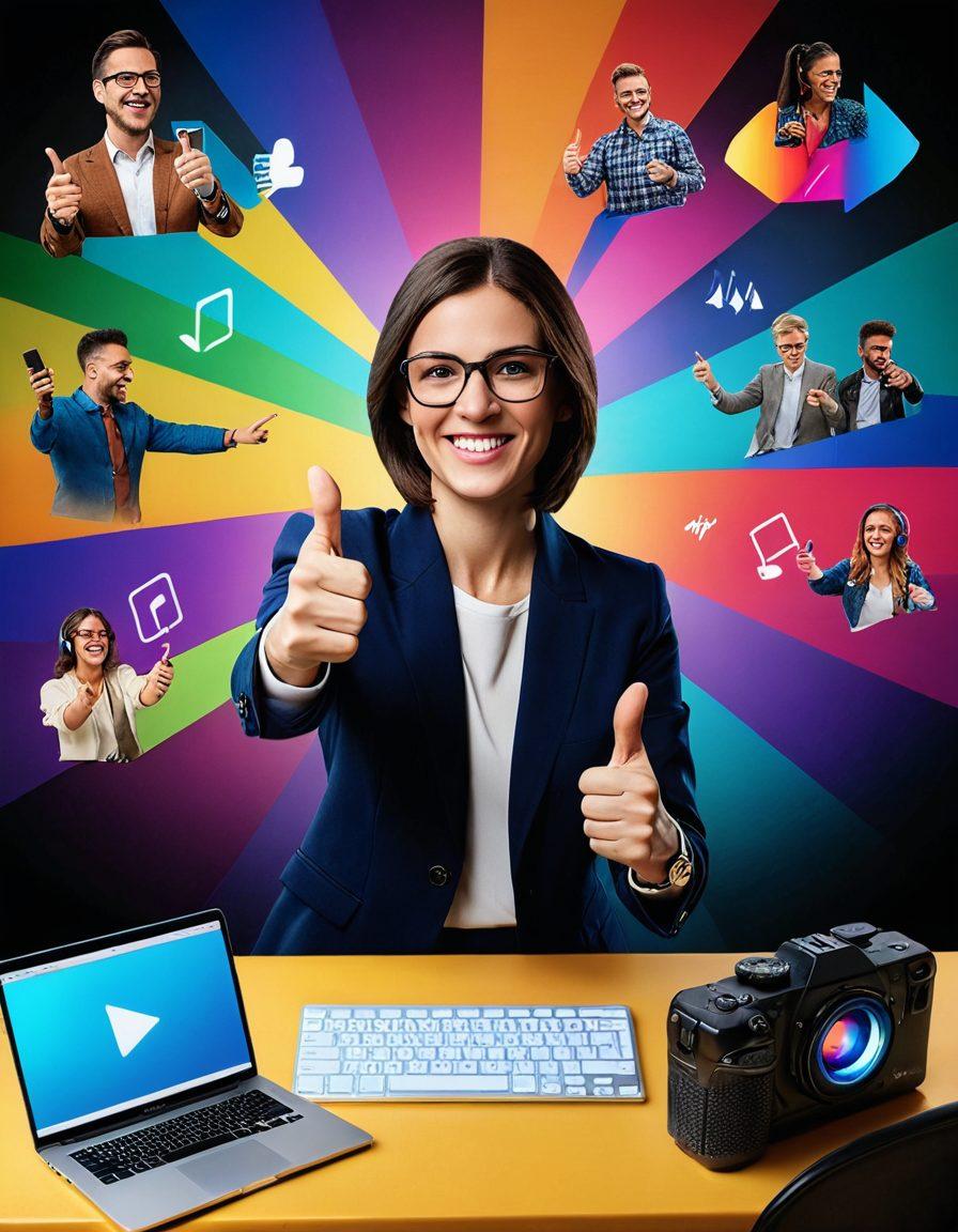 A dynamic collage showcasing a person passionately teaching a tutorial on one side, with vibrant video editing software in the background. On the other side, a live streaming setup complete with a microphone, camera, and engaging audience reactions. The transition between the two should be fluid, symbolizing the evolution of video sharing, with colorful icons representing innovation like play buttons and thumbs up. super-realistic. vibrant colors. 3D.