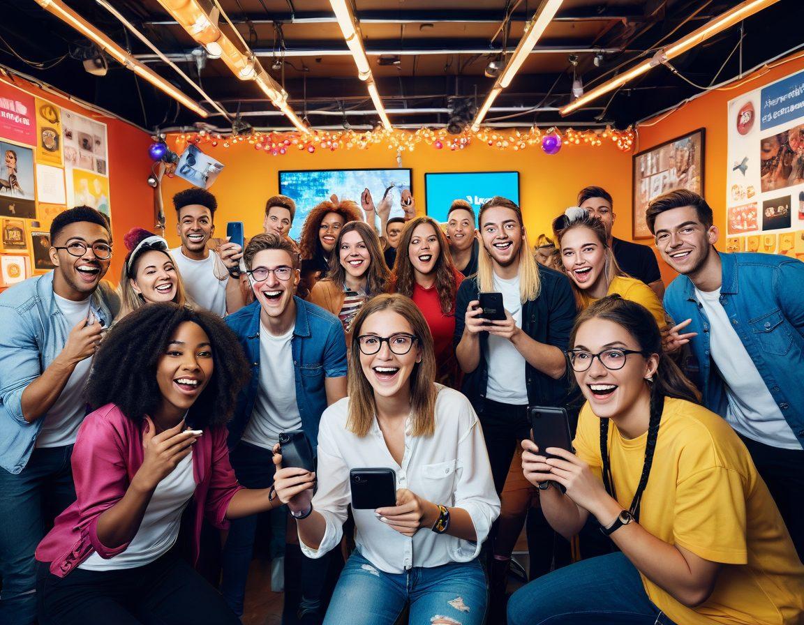 A dynamic scene featuring a diverse group of content creators engaging with their audiences through vlogging. Show different vlogger styles, including tech setups with cameras, vibrant backgrounds, and interactive screens displaying live comments. Highlight expressions of excitement and audience participation. The atmosphere should feel lively and energetic, conveying the essence of viewer interaction. colorful and engaging. super-realistic.